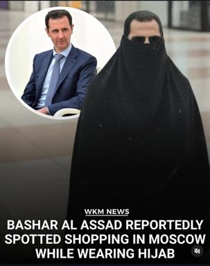 Absurdist geopolitical satire: collaged formal portrait vs. veiled figure, fake news headline format.