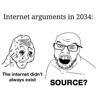 Two-panel wojak meme on the absurdity of demanding sources for pre-internet concepts in modern discourse.
