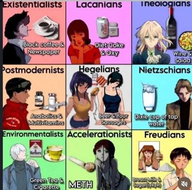 A 3×3 grid meme matching philosophical schools with lifestyle stereotypes: existentialists drink black coffee, Lacanians prefer Diet Coke, Nietzscheans wine, and so on.