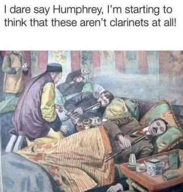 Medieval musicians caught doubting their own instruments — a witty text overlay on a historical painting about instrumental confusion.