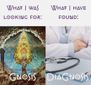 Two-panel comparison of spiritual aspiration vs. medical reality: Hilma af Klint's abstract mysticism meets a doctor's stethoscope, conflating "gnosis" with "diagnosis."