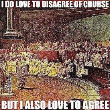 Classical Roman Senate scene depicting the eternal tension between principled disagreement and political compromise.