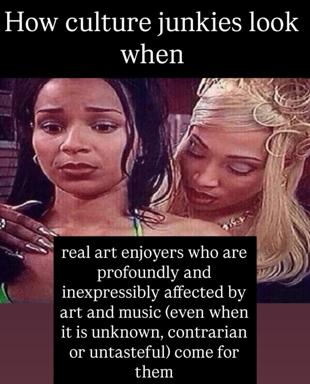 Two-panel reaction meme satirising performative art consumption; genuine aesthetic sensitivity masquerades as world-weary indifference.