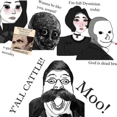 An absurdist four-panel philosophical crisis meme featuring anime and wojak-style figures wrestling with existentialism, featuring *The Birth of Tragedy* and references to Nietzsche.