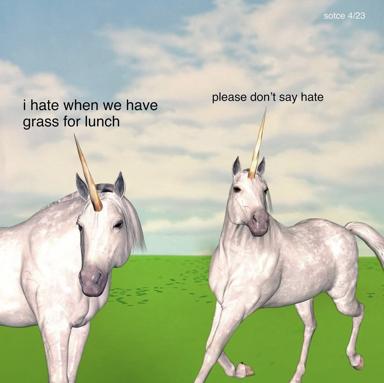 Two ethereal unicorns in a verdant meadow under a soft sky swap their dietary grievances in deadpan conversation.