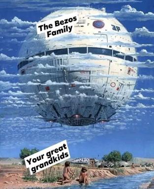 A two-panel meme contrasting billionaire luxury (Bezos's flying mansion) with ancestral simplicity—dark satire on wealth inequality and generational legacy.
