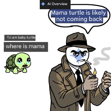 AI-generated search result hilariously misidentifies a baby turtle's trauma as a cheerful algorithmic overview, while the distraught child searches for their missing mother.