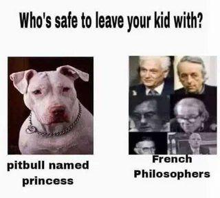 A meme comparing childcare options: a pit bull named Princess versus French philosophers, posed as an absurdist parental safety dilemma.