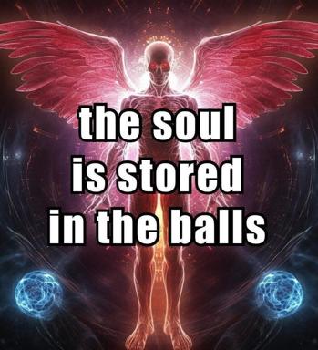 A winged skeleton radiating pink neon energy with glowing blue orbs, overlaid with a cheeky anatomical joke about soul storage.