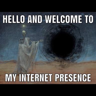 A skeletal personification greeting the viewer before a gaping void, its deadpan delivery deflating the pretensions of online self-presentation.