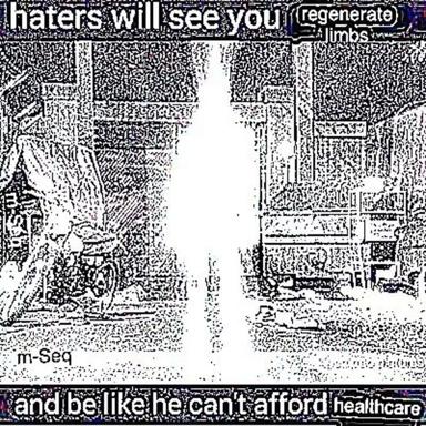 A dithered black-and-white image macro depicting a stark urban alley, overlaid with text about regenerating limbs and healthcare affordability—a surreal, darkly humorous commentary on transhumanism and inequality.