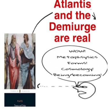 A classical artwork paired with a mind-blown character, asserting that Atlantis and the Demiurge are real philosophical concepts worthy of metaphysical study.