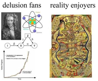 Split-screen chart contrasting "delusion fans" (physics, paradigm shifts, historical portraits) against "reality enjoyers" (ornate historical maps, empirical diagrams). A sardonic take on how scientists fall in love with revolutionary theories versus grounded observation.