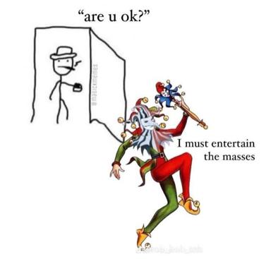 A stick-figure observer watches a flamboyant jester juggle abstract chaos, capturing the tension between asking if someone is okay and them performing elaborate distractions.
