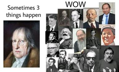 Hegel's unified worldview meets history's refusal to cooperate: a portrait of order faces a chaotic collage of thinkers, revolutionaries, and philosophers across centuries.