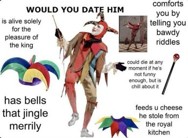 Medieval jester positioned as a dating-profile subject with absurdist benefits listed internet-style