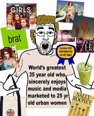 Self-aware 35-year-old celebrates her genuine enjoyment of media ostensibly marketed to younger audiences, crowned with a "non-performative" certification medal.