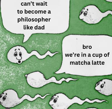 Two minimalist ghosts in a cup of matcha latte debate philosophy vs. immediate material reality in a deadpan, neon-green textured illustration.