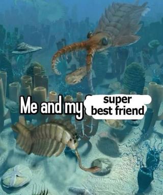 Absurdist friendship meme: two unlikely deep-sea creatures in a vast coral reef, framed as "me and my super best friend"—relatable companionship humor made monstrous by CGI alien fauna.