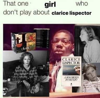 Maximalist collage celebrating Clarice Lispector with archival photographs, book covers, and dreamy portraiture in purple and black.