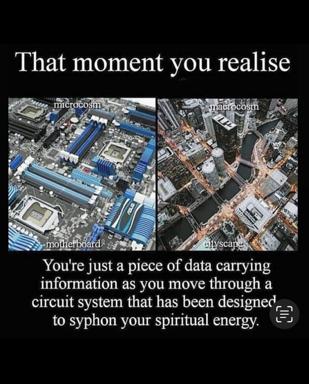 Existential tech anxiety: a circuit board versus a cityscape, equating human consciousness to data flow through designed systems that extract spiritual energy.