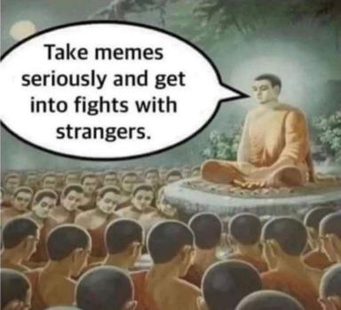A spiritual guru's irreverent advice: meditative wisdom meets internet culture absurdism. The meme repurposes a Buddhist or Hindu religious painting to deliver counsel about internet argument culture.