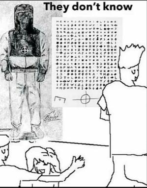 Institutional photograph of a heavily tattooed, scarred subject with a target mark on his torso, surrounded by panicked cartoon figures sketched around him.