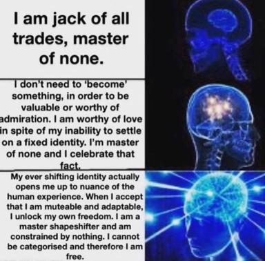 A three-panel philosophical meme celebrating fluid identity and refusal to be categorized, paired with glowing blue neuroimaging (skulls and synaptic networks).