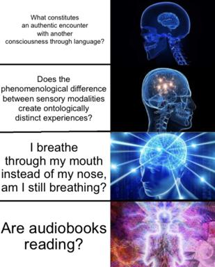 An expanding-brain meme absurdly escalating from philosophical questions about consciousness to a trivial query about audiobooks, with increasingly dramatic neural imagery as visual comedy.