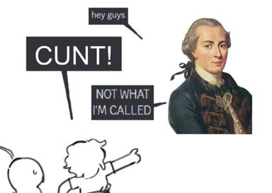 Crude stick figure confronts a classical 18th-century portrait with obscenities; he objects to the characterization.