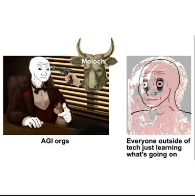 Two-panel sarcasm meme: sophisticated AI organizations (depicted as occult power players with demonic backing) vs. the general public's confused attempts to understand what's happening in the tech world.