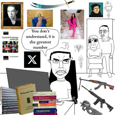 A collage satirizing intellectual posturing: a smug cartoon philosopher at a laptop, surrounded by symbols of continental philosophy, weapons, Renaissance art, and a speech bubble insisting "0 is the greatest number." A biting commentary on pretentious theory and its contradictions.