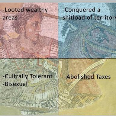 Four-panel meme splicing portraits from historical currency with contradictory labels—looting, conquests, cultural tolerance, and tax abolition treated as equivalent achievements.