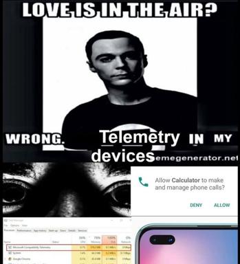 Tech dystopia meets romance: a meme about the omnipresence of device telemetry replacing human connection with surveillance capitalism.