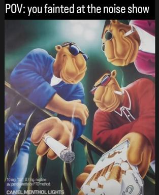 Vintage Camel Menthol ad remix: three anthropomorphic camels in sunglasses recast as clubgoers at a noise show, absurdist commentary on sensitivity to loud venues.