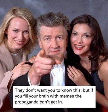 Studio portrait of three people with overlaid text about filling your brain with memes to defend against propaganda—a reaction-image played as folk wisdom about internet culture as resistance.