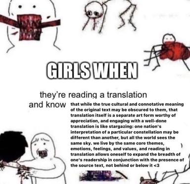 A wojak meme celebrating literary translation as a valid art form deserving independent appreciation, not mere derivative work.