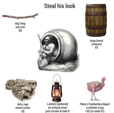 A meme itemizing items and creatures to "steal his look" — a pun on fashion meme format applied to Diogenes the Cynic, with bearded philosopher in barrel and absurdist object-labels.