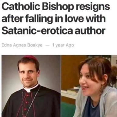 A meme colliding Catholic bishop portraiture with a TV scene: ecclesiastical authority meets taboo romance.