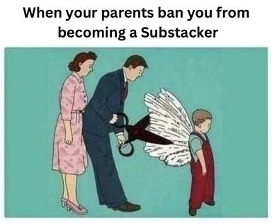 Mid-century parents clip their child's wings (literally) to prevent them from becoming a Substack writer. Vintage parental disapproval reframed as absurdist support for creator independence.