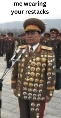 Military officer in dress uniform heavy with medals, captioned "me wearing your restacks"—a deadpan meme about overdressing or layering pieces of clothing.