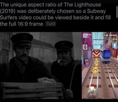 Robert Eggers' The Lighthouse (2019) paired with Subway Surfers gameplay—absurdist comment on aspect ratio design and the collision of art cinema with mobile gaming culture.