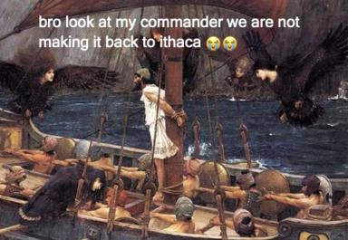 Classical painting of a mythological sea voyage repurposed as a military meme about doomed logistics