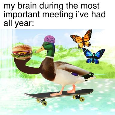 A mallard duck wearing a pink headband and holding a hamburger, skateboarding through a bright pastoral landscape while two butterflies flutter nearby—a surreal visual metaphor for distraction during important moments.