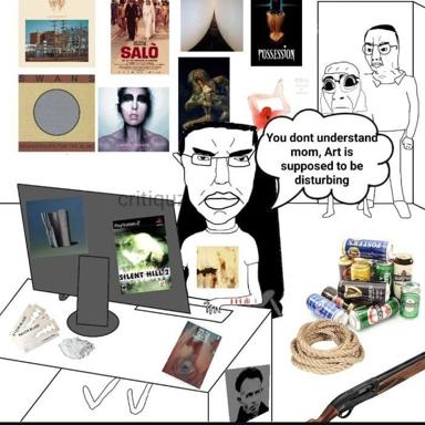 A collage-meme about art's disturbing nature: an angry teen dismisses their parent's incomprehension with objects representing transgressive media.