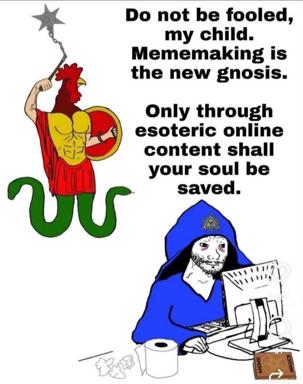 Rooster-warrior and hooded monk preaching salvation through esoteric online content and meme-making — a mockery of religious instruction reframed as digital devotion.