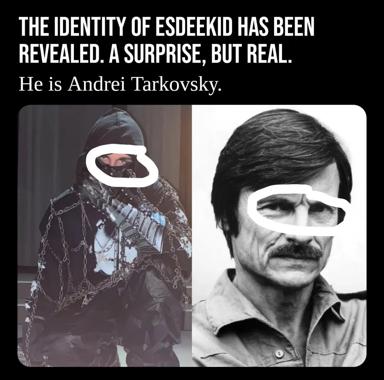 A character-reveal meme comparing a robed Star Wars villain figure to a 1970s-era bearded man, claiming the mysterious identity is filmmaker Andrei Tarkovsky—deadpan cosmic absurdism.