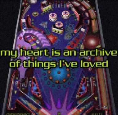 Retro arcade game landscape with pixelated aliens and planets overlaid with neon-yellow existential text about the heart as an archive. A nostalgic statement on memory and preservation rendered in 16-bit aesthetic.