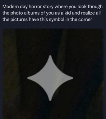 Text-based meme about the existential dread of realizing all your childhood photos share the same mysterious symbol in the corner.