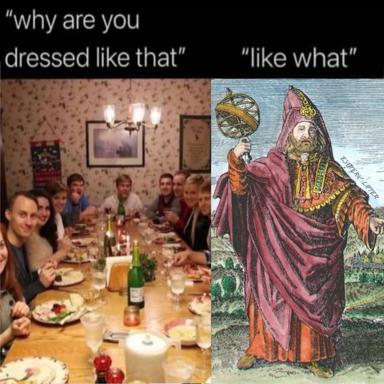 Two-panel contrast meme: contemporary dinner party meets 16th-century Russian iconography — an exasperated response to fashion critique that answers by invoking Boyar-era opulence.